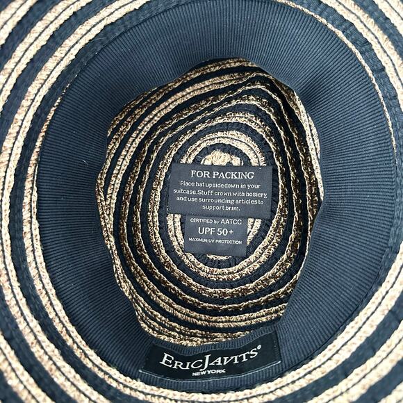 Eric Javits Beige Tan Black Stripe Squishee Packable Straw Bucket Hat UPF 50 OS - Picture 4 of 7